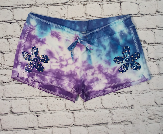 Junior Shorts - Painted Rhinestone Flowers- Tie Dye