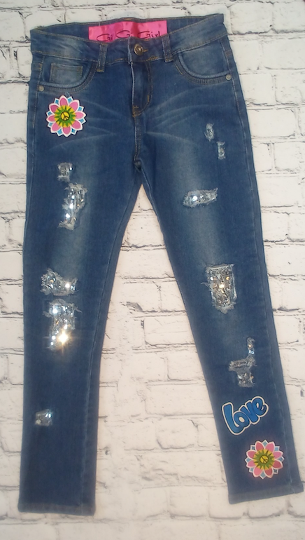 Girls Denim Pant Love/Flower By Glitter Girl