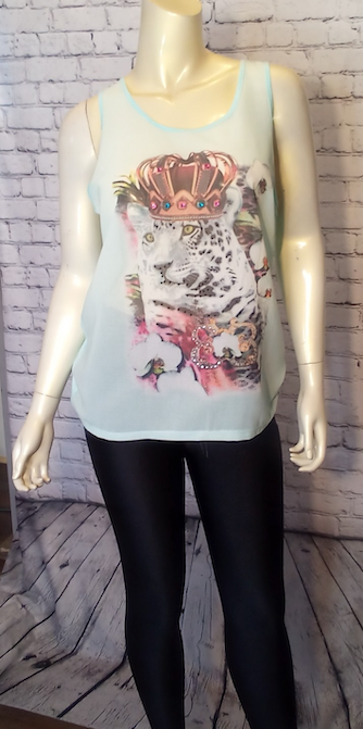 Women Sleeveless Sheer Top Tiger King w/Rhinestones