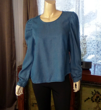 Women Long Sleeve Chambray Top Cinched Sleeves