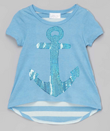 Girls Top Short Sleeve Hi Low Sequin Anchor