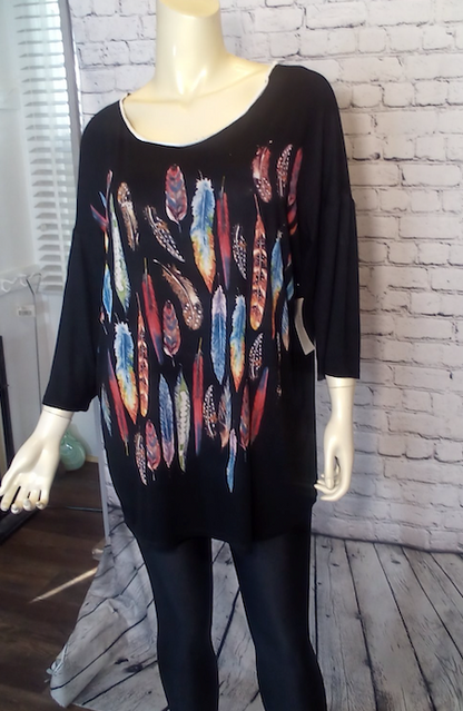 Women Feather Print Short Sleeve Tunic