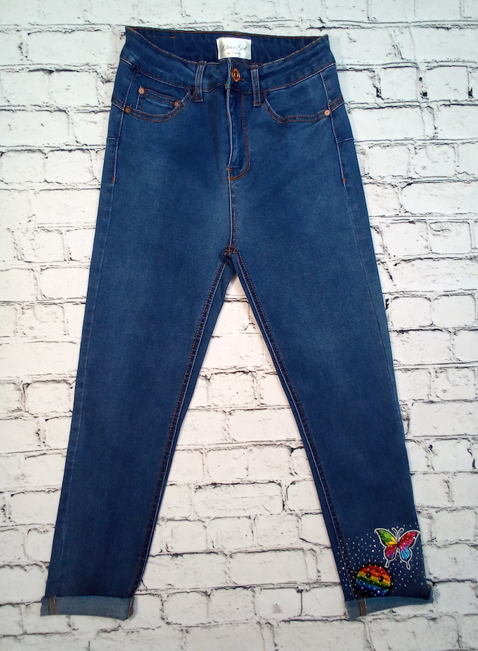 Junior Denim Pant - Rainbow Butterfly/Emoji Patches