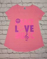 Girls Short Sleeve Top - Peace/Love/Music