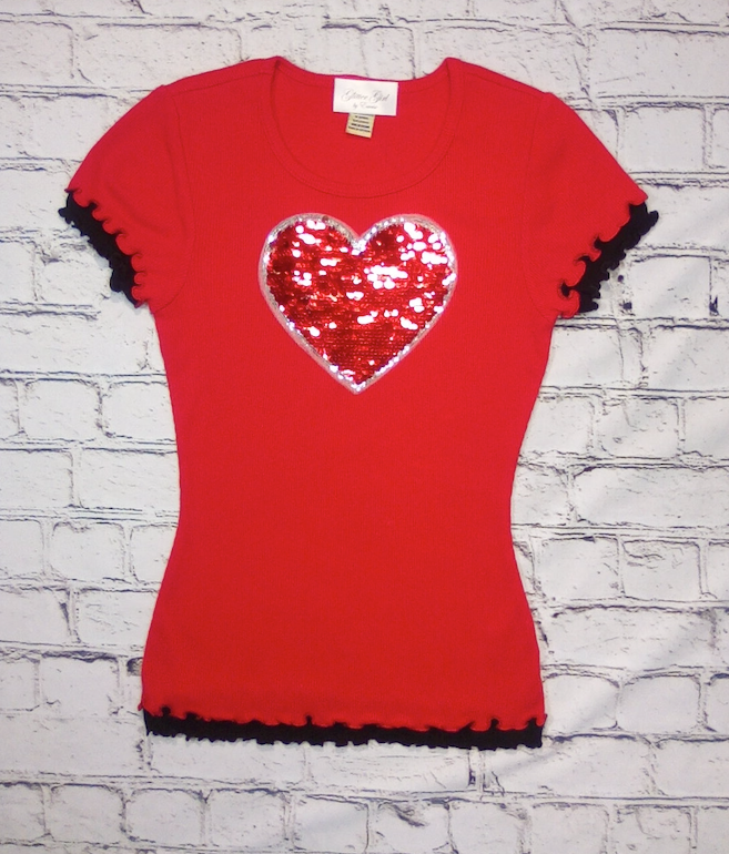 Girls Short Sleeve Top Sequin Flip Color Heart