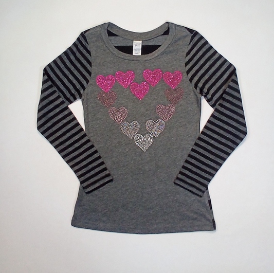 Girls Long Sleeve Top - Rhinestone Hearts