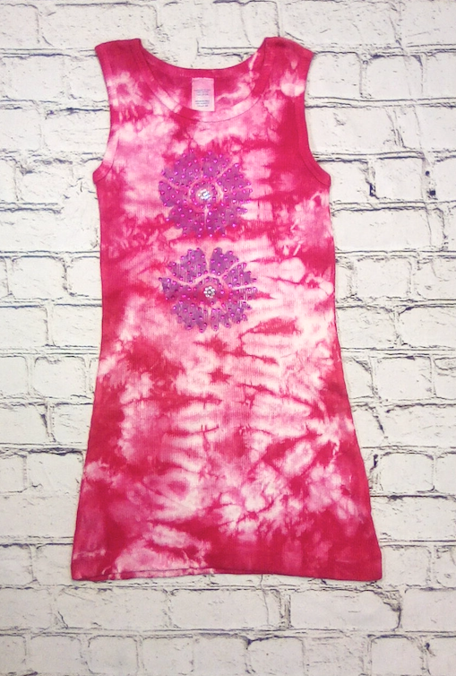 Girls Sleeveless Dress Tie Dye- Rhinestone Flower