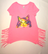 Girls Short Sleeve Top - Tunic - Fringe - Mosaic Cat