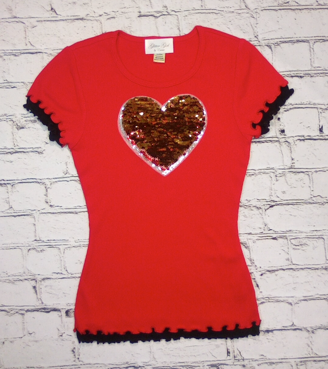 Girls Short Sleeve Top Sequin Flip Color Heart