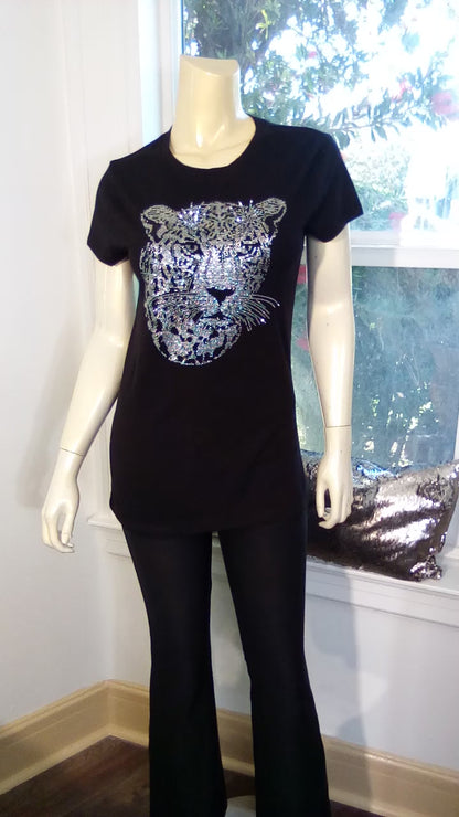 Women & Junior Short Sleeve T Shirt - Rhinestone Tiger By Bling Bling U Sparkle Girl