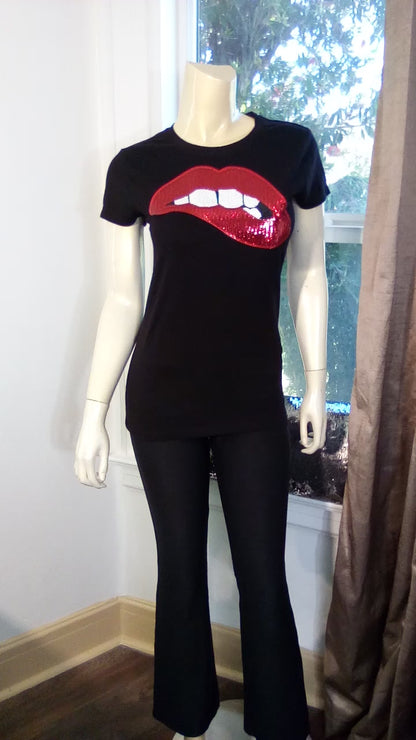 Women Short Sleeve T shirt - Red Sequin Lips- Cotton/Spandex