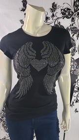 Women Short Sleeve Rhinestone Wings/Heart T Shirt By Bling Bling U Sparkle Girl