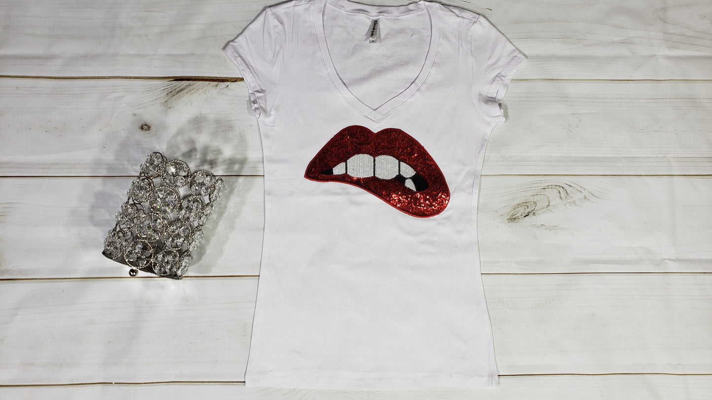 Women & Junior Short Sleeve T shirt- Sequin Lips By Bling Bling U Sparkle Girl