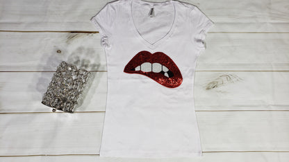 Women & Junior Short Sleeve T shirt- Sequin Lips By Bling Bling U Sparkle Girl