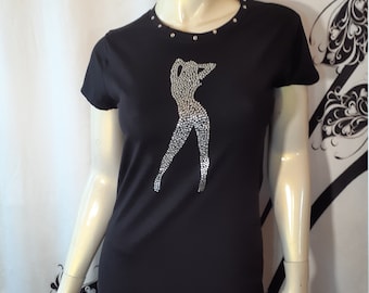 Women Short Sleeve T Shirt - Rhinestone Design