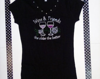 Women Short Sleeve T Shirt - Rhinestone Wine & Friends/Cotton/Spandex