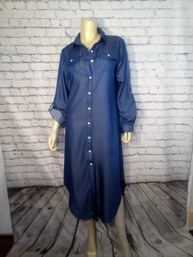 Women Maxi Shirt Dress - Adjustable Sleeves