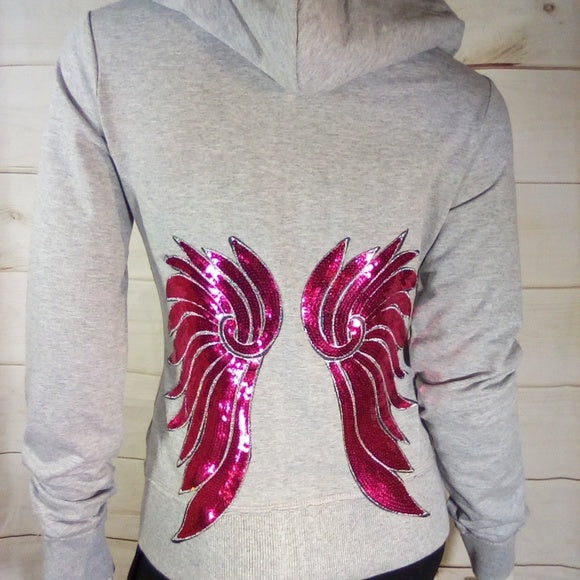 Women/Junior Long Sleeve Hoodie -Amazing Hot Pink Sequin Wings