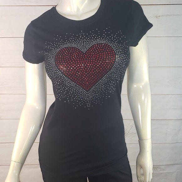 Women & Junior Short Sleeve T shirt  Rhinestone Heart Burst By Bling Bling U Sparkle Girl