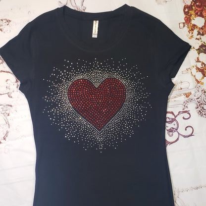 Women & Junior Short Sleeve T shirt  Rhinestone Heart Burst By Bling Bling U Sparkle Girl