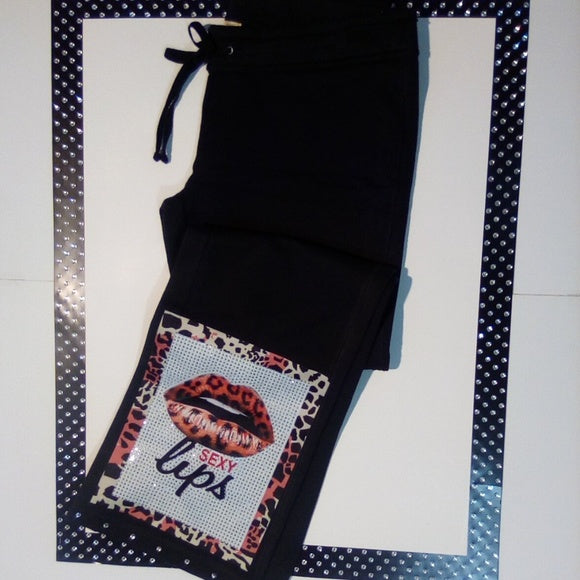 Women Leopard/Lips Drawstring Pant / Rhinestones