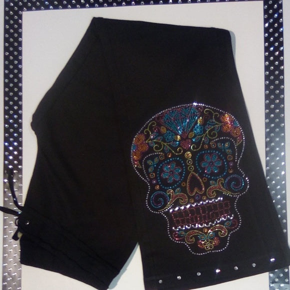 Women Drawstring Pant Rhinestone Sugar Skull-Stretch Cotton By Bling Bling U Sparkle Girl