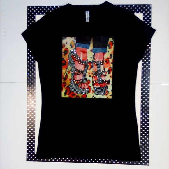 Women Short Sleeve T Shirt - High Heel Shoes-Nailhead detail