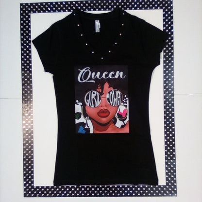 Women Short Sleeve T shirt - Graphic/Queen/Rhinestone/ Cotton Spandex