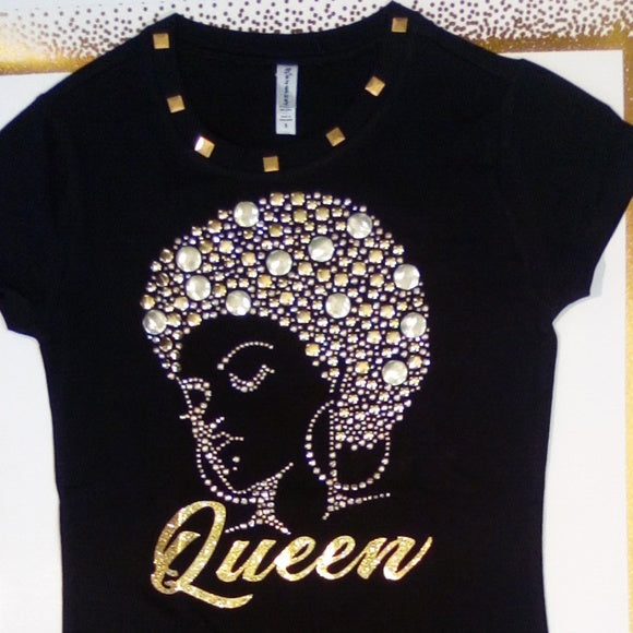 Women Short Sleeve T Shirt -Afro Tee-Queen- Rhinestones