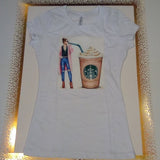 Women Short Sleeve T shirt - Coffee Graphic-Beaded Detail