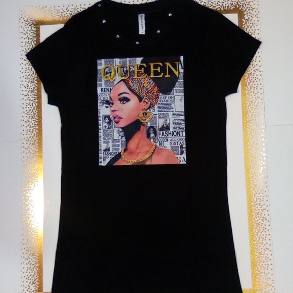 Women Short Sleeve T Shirt - Queen-Rhinestones-Graphic