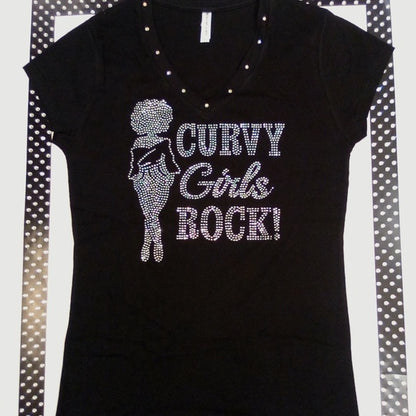 Women Short Sleeve T shirt-Rhinestones/ Curvy Girls Rock! By Bling Bling U Sparkle Girl