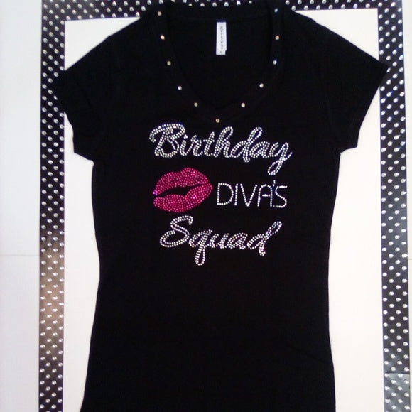 Women Short Sleeve T Shirt Rhinestone/Birthday Diva Squad By Bling Bling U Sparkle Girl