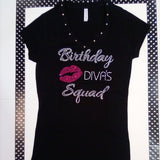 Women Short Sleeve T Shirt Rhinestone/Birthday Diva Squad By Bling Bling U Sparkle Girl