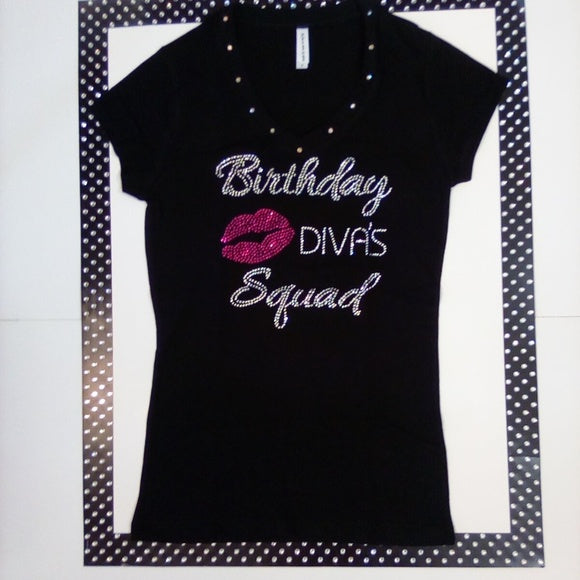 Women Short Sleeve T Shirt Rhinestone/Birthday Diva Squad By Bling Bling U Sparkle Girl