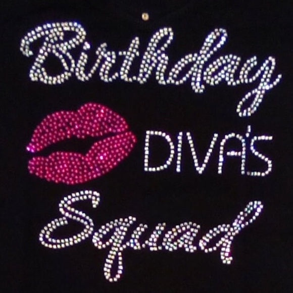 Women Short Sleeve T Shirt Rhinestone/Birthday Diva Squad By Bling Bling U Sparkle Girl