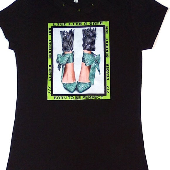 Women Short Sleeve T Shirt - Green Shoes -Graphic Tee- Nailhead Details