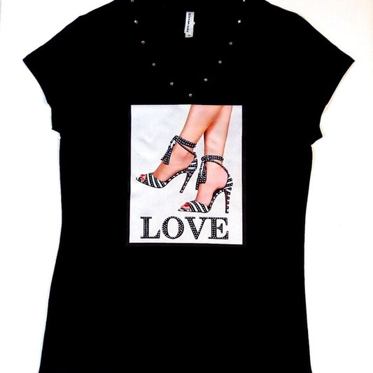 Women Short Sleeve T Shirt - Sexy Heels/Love/Rhinestones