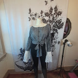 Women Long Sleeve Top - Checker Pattern/Lace Sleeves