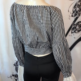 Women Long Sleeve Top - Checker Pattern/Lace Sleeves