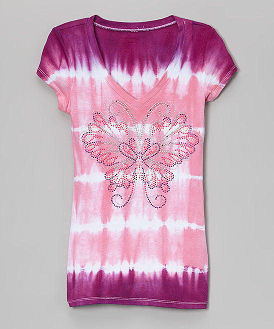 Girls Top Short Sleeve V Neck - Butterfly