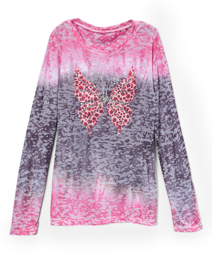 Girls Long Sleeve Top - Leopard Butterfly