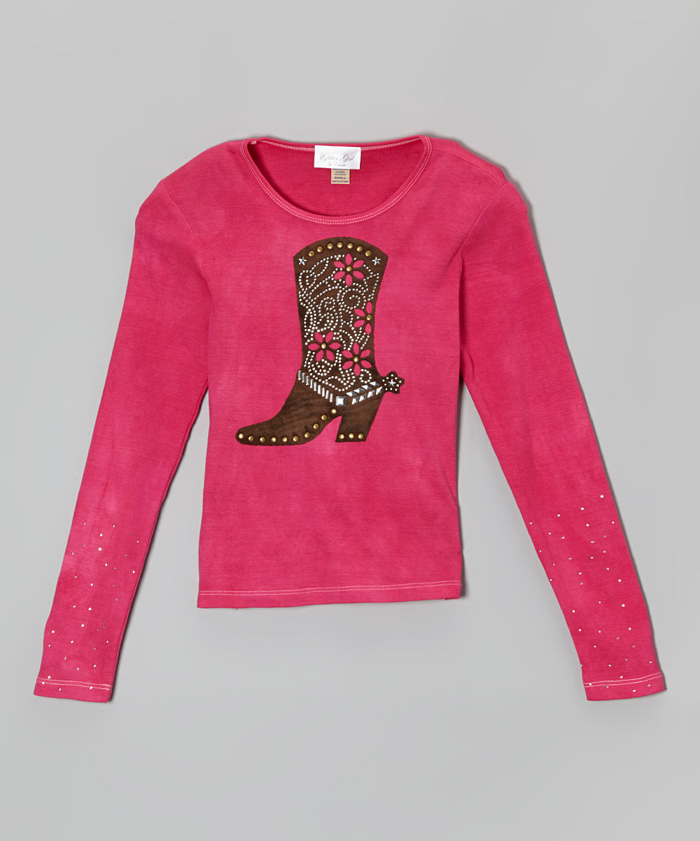 Girls Long Sleeve Top - Western Boot/Rhinestone