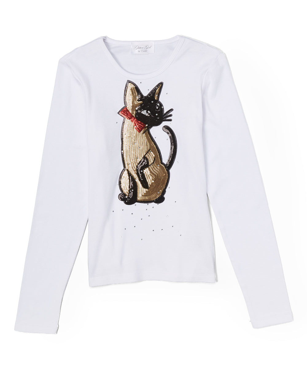 Girls Long Sleeve Top - Sequin Gold Cat