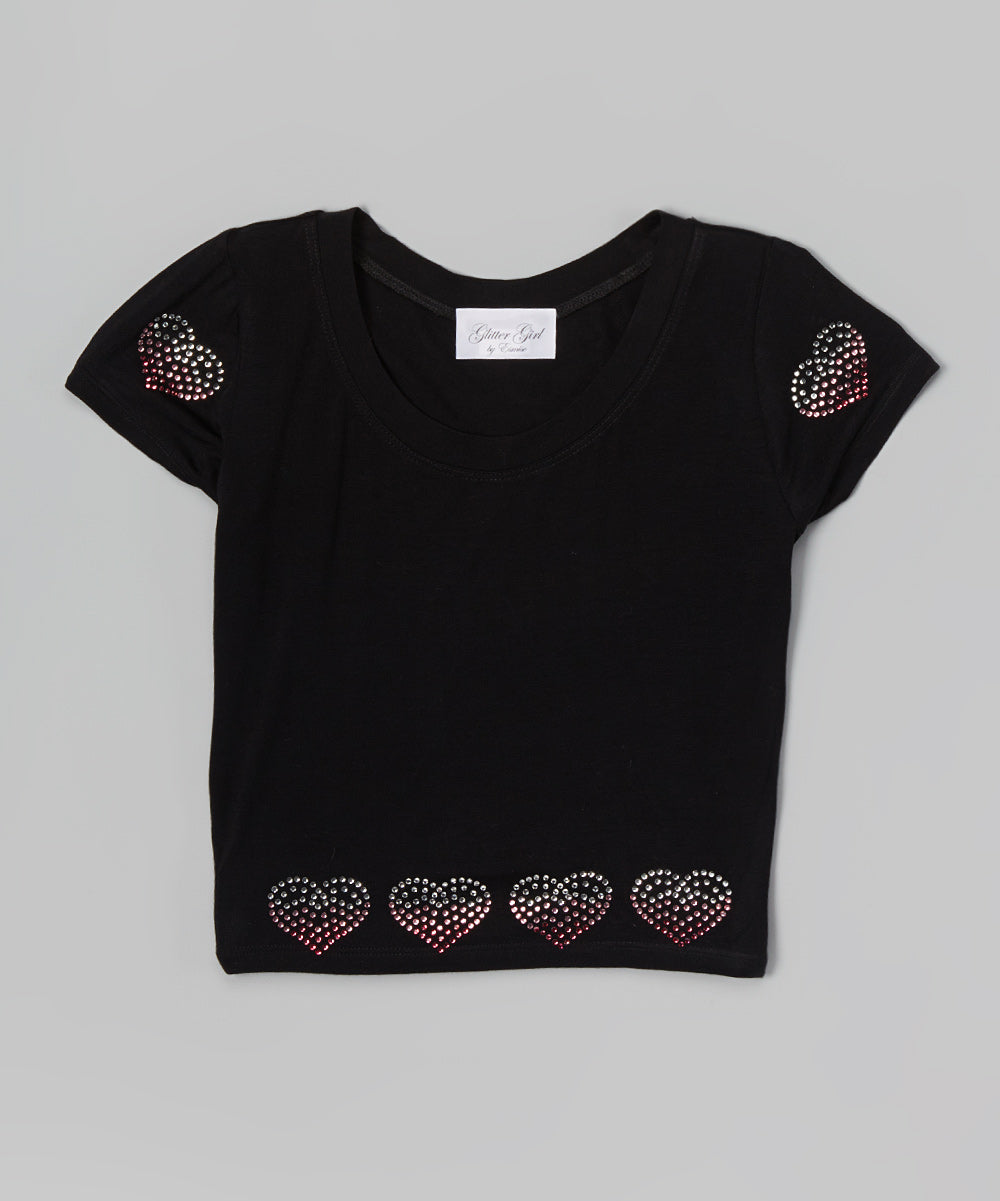 Girls Top Short Sleeve -Rhinestone Hearts