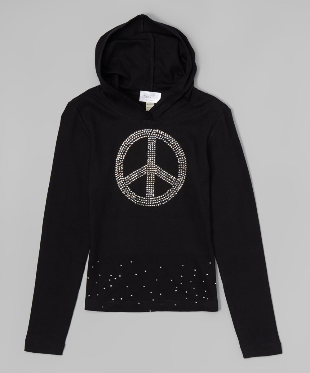 Girls Long Sleeve Hoodie Top - Rhinestone Peace Sign  By Glitter Girl