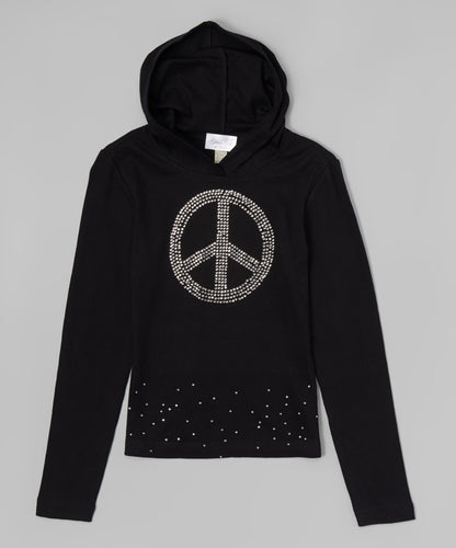 Girls Long Sleeve Hoodie Top - Rhinestone Peace Sign  By Glitter Girl