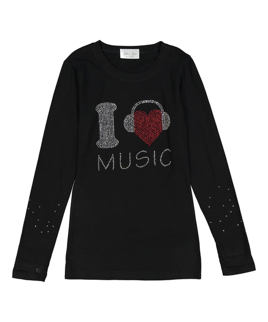 Girls & Junior Long Sleeve Top -Rhinestone-" I Heart Music"