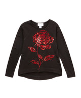 Girls Long Sleeve Top -Sequin Red Rose