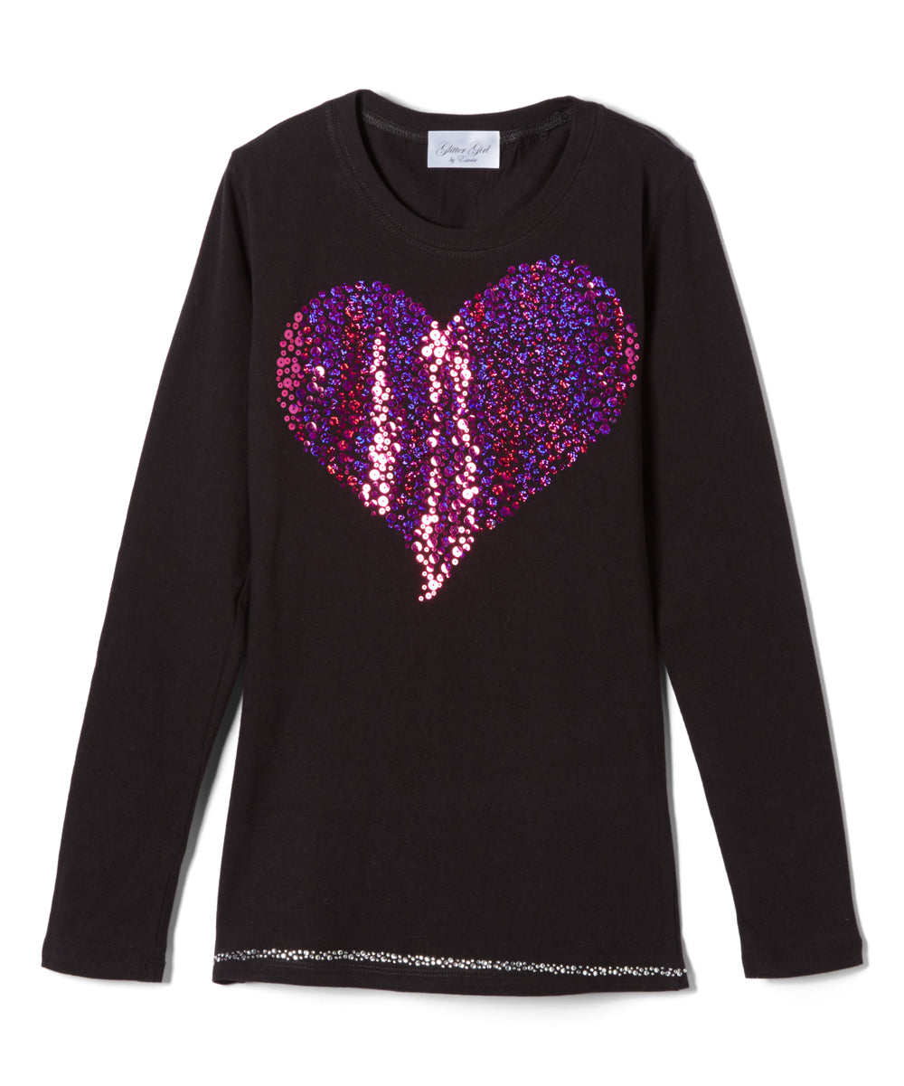 Girls Long Sleeve Top - Fucshia Sequin Heart